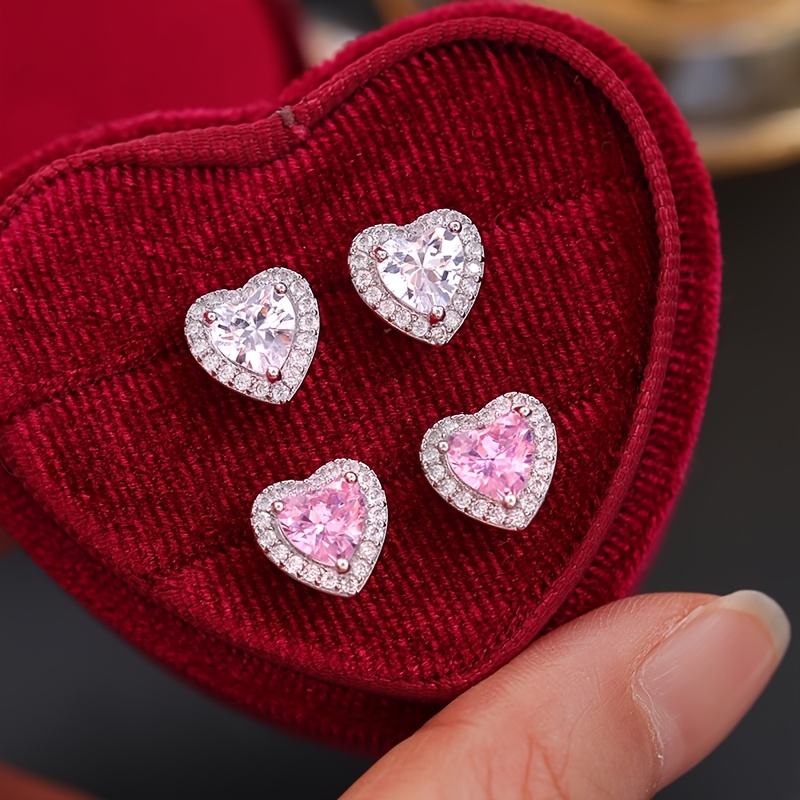 2 Pairs Silvery-Tone Copper Heart Halo Stud Earrings